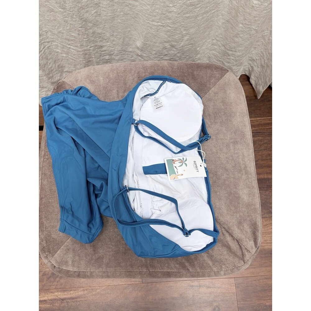 B2PRITY Blue One Piece Swimsuit Button Front Adjustable Straps Ruched Size XL - Picture 7 of 8